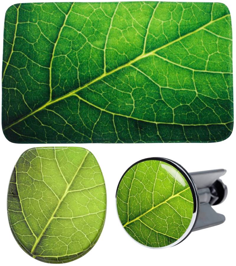 Sanilo Badaccessoire-Set "Blatt" bestehend aus WC-Sitz, Badteppich und Waschbeckenstöpsel von Sanilo