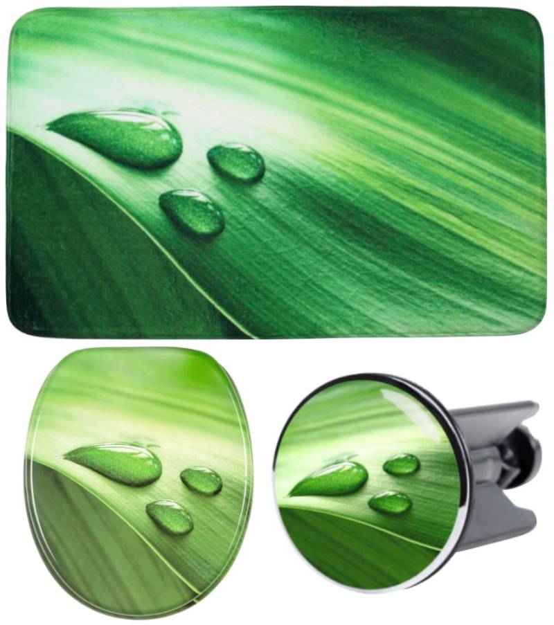 Sanilo Badaccessoire-Set "Green Leaf" bestehend aus WC-Sitz, Badteppich und Waschbeckenstöpsel von Sanilo