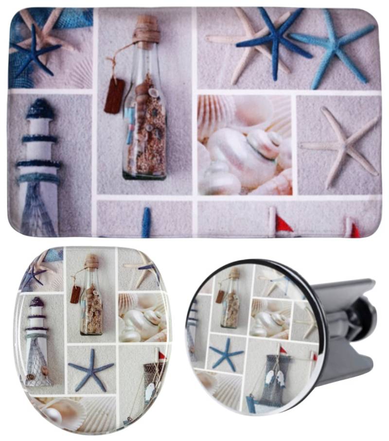 Sanilo Badaccessoire-Set "Meeresbrise" bestehend aus WC-Sitz, Badteppich und Waschbeckenstöpsel von Sanilo