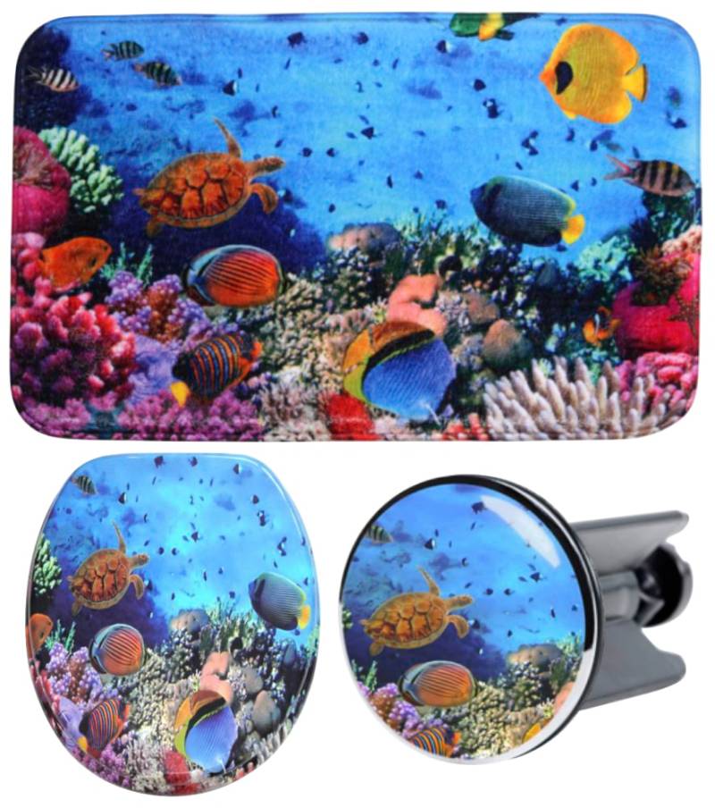 Sanilo Badaccessoire-Set "Ocean" bestehend aus WC-Sitz, Badteppich und Waschbeckenstöpsel von Sanilo
