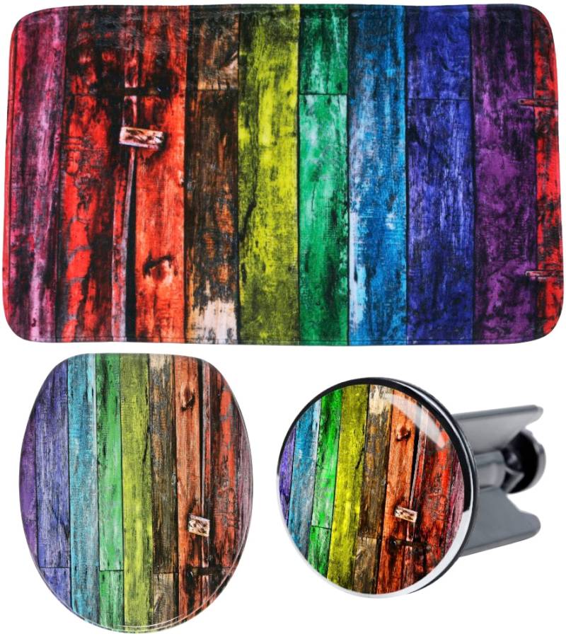 Sanilo Badaccessoire-Set "Rainbow" bestehend aus WC-Sitz, Badteppich und Waschbeckenstöpsel von Sanilo