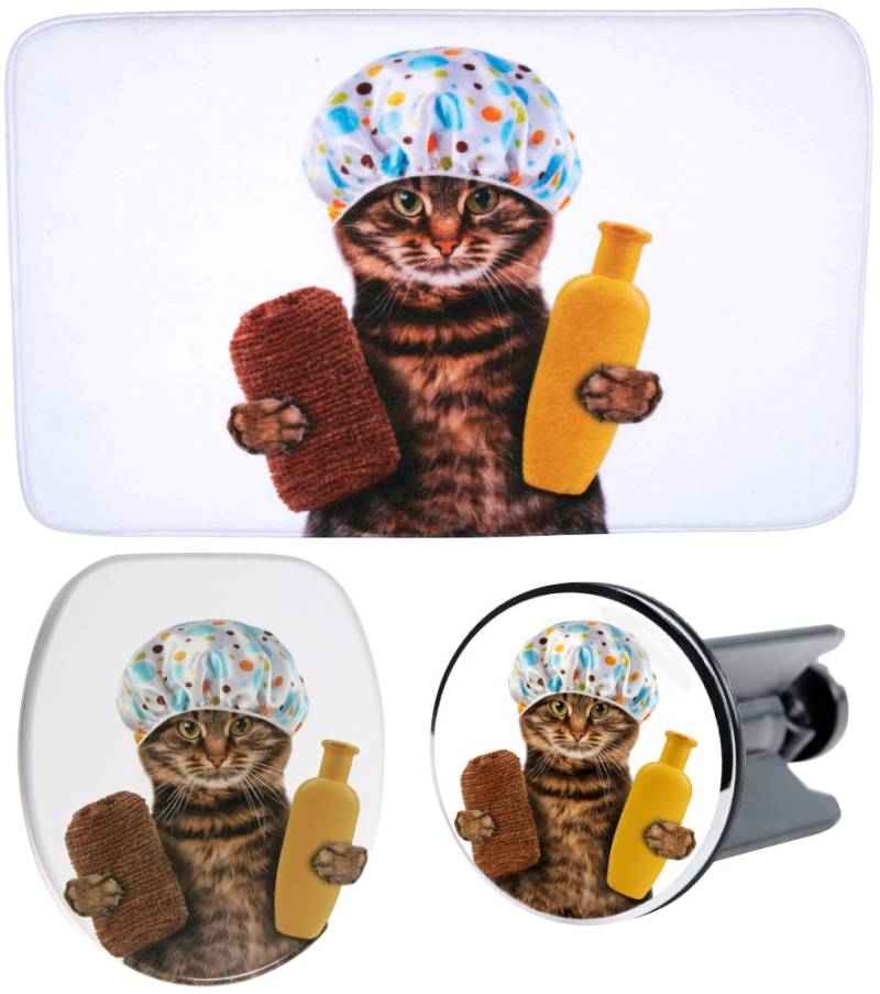 Sanilo Badaccessoire-Set "Shower Cat" bestehend aus WC-Sitz, Badteppich und Waschbeckenstöpsel von Sanilo