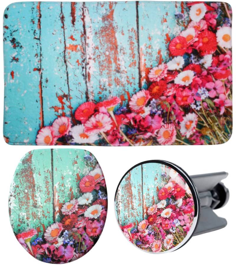 Sanilo Badaccessoire-Set "Spring" bestehend aus WC-Sitz, Badteppich und Waschbeckenstöpsel von Sanilo