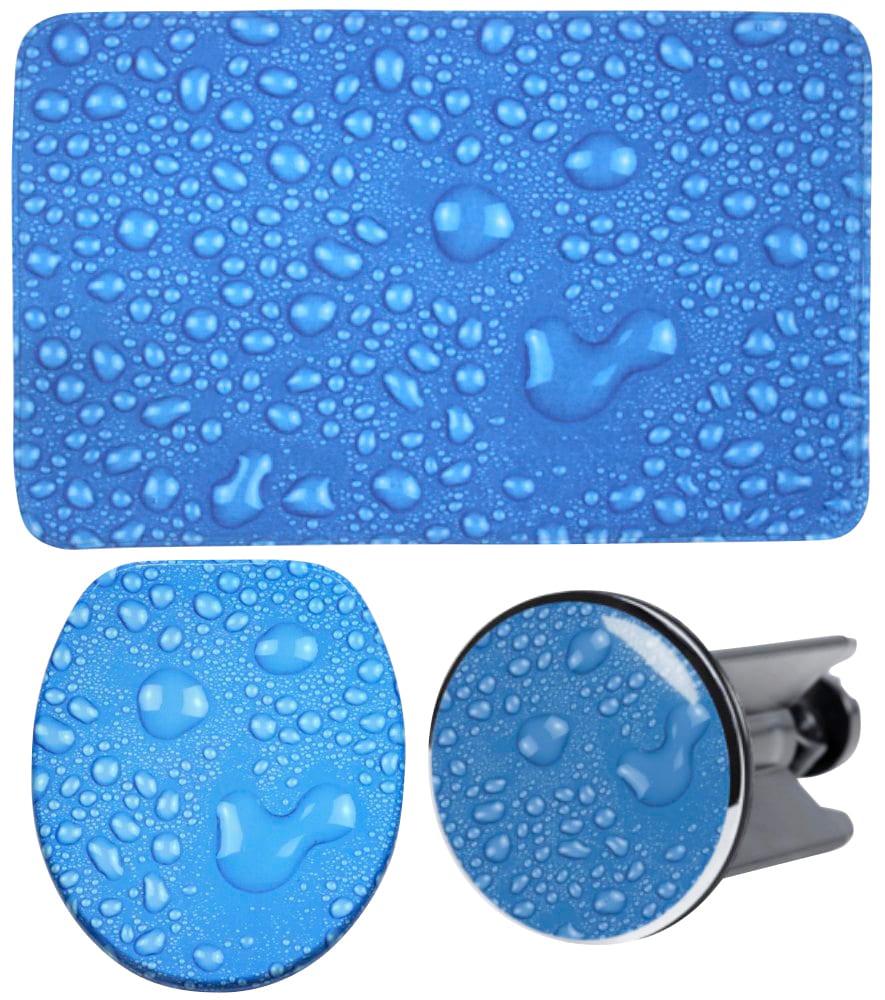 Sanilo Badaccessoire-Set "Tautropfen Blau", (Komplett-Set, 3 tlg.), bestehend aus WC-Sitz, Badteppich und Waschbeckenstöpsel von Sanilo