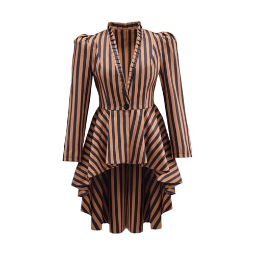 Saniplaycos Damen Steampunk Viktorianische Jacke Mantel Mittelalter Vintage Gothic Frack Langarm Smoking Hemd, Schwarz-braune Streifen, Mittel von Saniplaycos