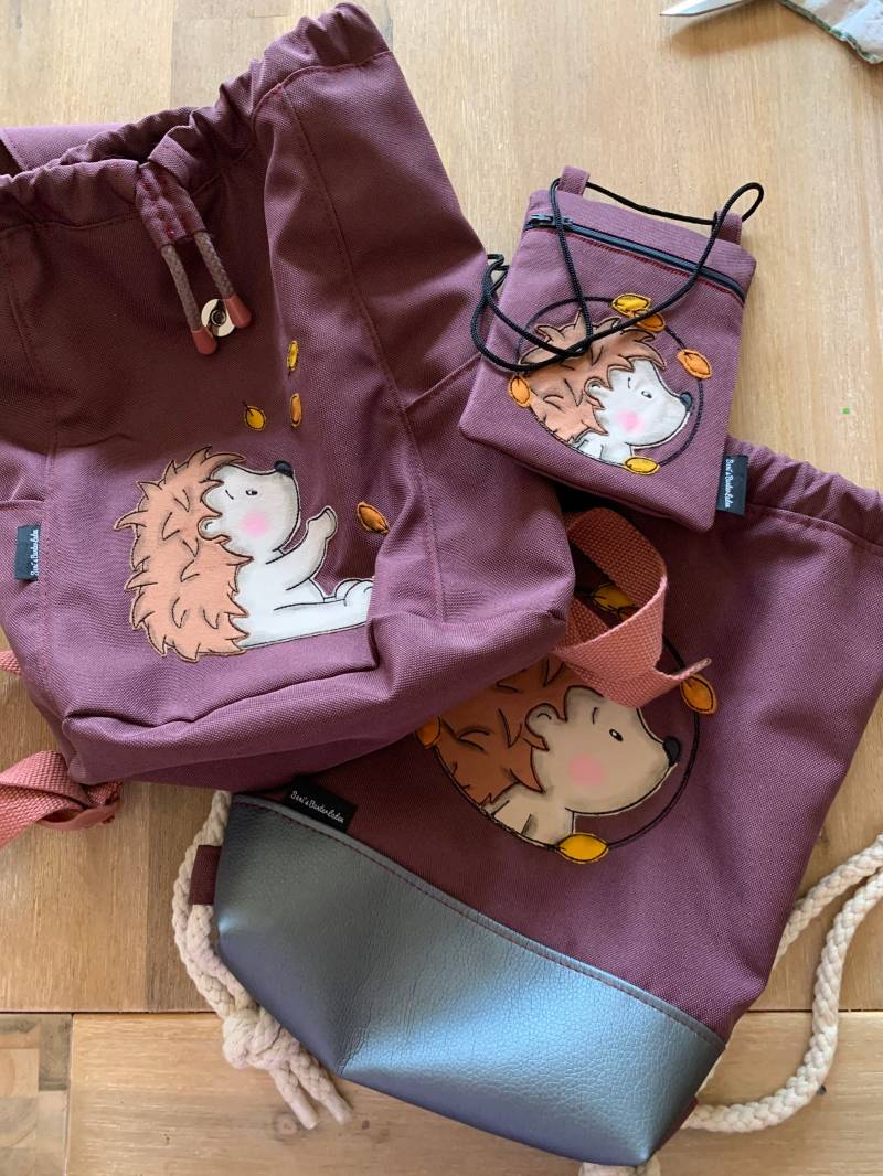 3Tlg. Set Kindergartenrucksack, Sportbeutel Und Brustbeutel Mit Igel-Applikation von SanisBunterLaden