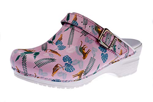 Sanita Animal Leopard offener Clog | Original handgemacht | Flexible Leder-Clogs für Damen | Anatomisch geformtes Fußbett mit weichem Schaum | Verstellbarer Fersenriemen | Pink | 36 von Sanita