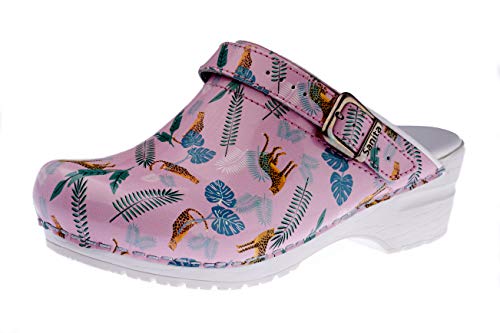 Sanita Animal Leopard offener Clog | Original handgemacht | Flexible Leder-Clogs für Damen | Anatomisch geformtes Fußbett mit weichem Schaum | Verstellbarer Fersenriemen | Pink | 39 von Sanita