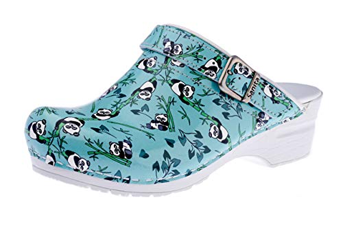 Sanita Animal Panda offener Clog | Original handgemacht | Flexible Leder-Clogs für Damen | Anatomisch geformtes Fußbett mit weichem Schaum | Verstellbarer Fersenriemen | Türkis | 37 von Sanita