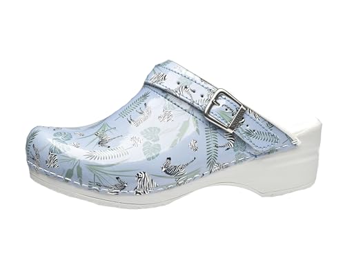 Sanita Animal Zebra offener Clog | Original handgemacht | Flexible Leder-Clogs für Damen | Anatomisch geformtes Fußbett mit weichem Schaum | Verstellbarer Fersenriemen | Hellblau | 36 von Sanita