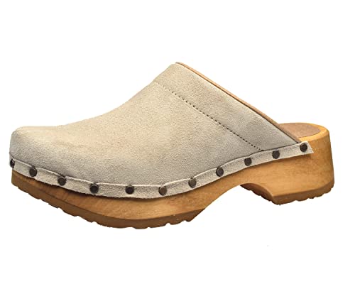 Sanita Cho Chunky Clog | Original handgemacht | Leder-Holzclogs für Damen | Beige | 37 EU von Sanita