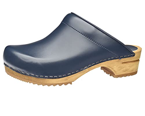 Sanita Lotte offener Clog | Original handgemacht | Leder-Holzclogs für Damen | Blau | 37 EU von Sanita