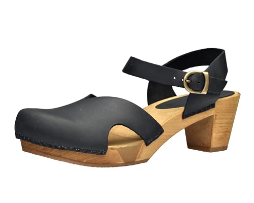 Sanita Matrix Sandale | Original handgemacht | Flexible Leder-Holzsandale für Damen | Verstellbarer Knöchelriemen | 39 EU | Schwarz von Sanita