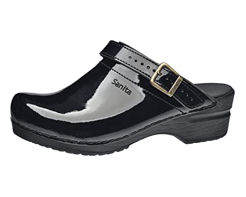 Sanita | Freya offener Clog | Original handgemacht | Flexible Leder-Clogs für Damen | Anatomisch geformtes Fußbett mit weichem Schaum | Verstellbarer Fersenriemen | Schwarz | 37 EU von Sanita