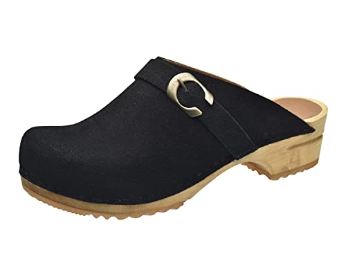 Sanita Hedi offener Clog, Wildleder | Original handgemacht | Leder-Holzclogs für Damen | Schwarz | 38 EU von Sanita
