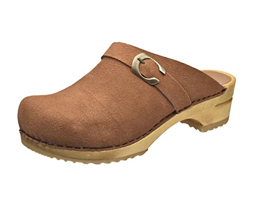 Sanita Hedi offener Clog, Wildleder | Original handgemacht | Leder-Holzclogs für Damen | Braun | 38 EU von Sanita