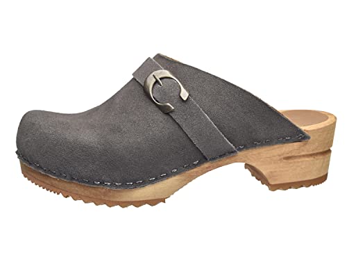 Sanita Hedi offener Clog, Wildleder | Original handgemacht | Leder-Holzclogs für Damen | Dunkelgrau | 37 EU von Sanita