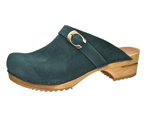 Sanita Hedi offener Clog, Wildleder | Original handgemacht | Leder-Holzclogs für Damen | Dunkelgrün | 36 EU von Sanita