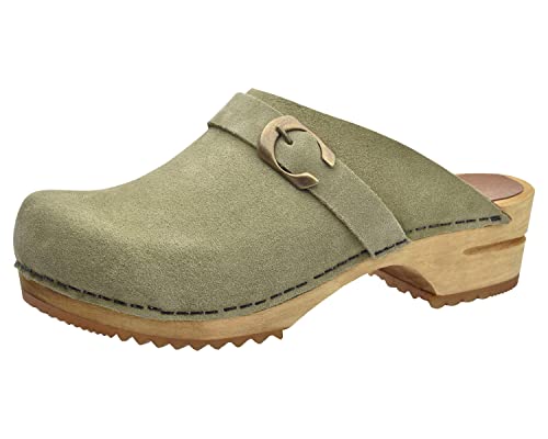 Sanita Hedi offener Clog, Wildleder | Original handgemacht | Leder-Holzclogs für Damen | Grün | 35 EU von Sanita