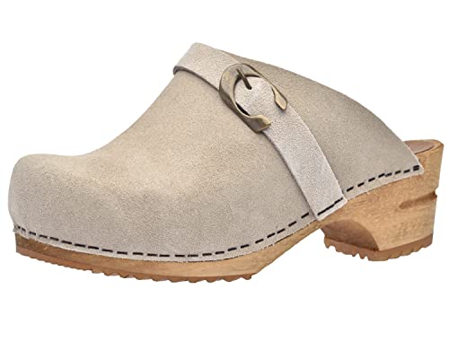 Sanita Hedi offener Clog, Wildleder | Original handgemacht | Leder-Holzclogs für Damen | Nachhaltige Sohle | Beige | 38 EU von Sanita