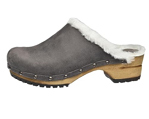 Sanita Hese offener Clog | Original handgemacht | Leder-Holzclogs für Damen | Nachhaltige Materialen | Anthrazitgrau | 37 EU von Sanita