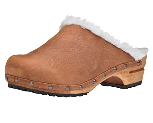 Sanita Hese offener Clog | Original handgemacht | Leder-Holzclogs für Damen | Nachhaltige Materialen | Braun | 39 EU von Sanita