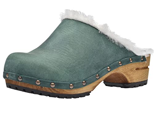 Sanita Hese offener Clog | Original handgemacht | Leder-Holzclogs für Damen | Nachhaltige Materialen | Grün |37 EU von Sanita