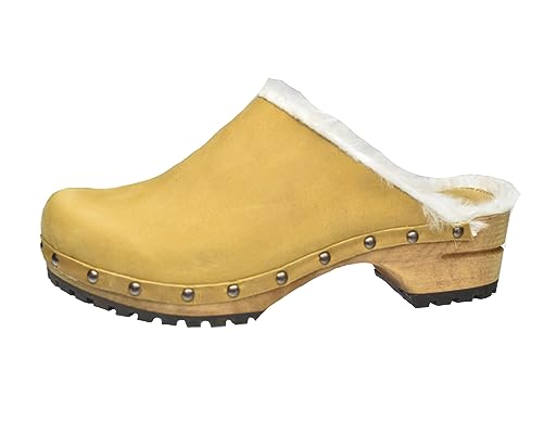 Sanita Hese offener Clog | Original handgemacht | Leder-Holzclogs für Damen | Nachhaltige Materialen | Senf gelb | 38 EU von Sanita