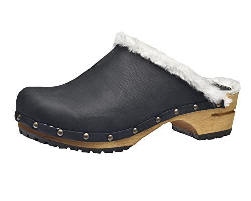 Sanita Hese offener Clog | Original handgemacht | Leder-Holzclogs für Damen | Schwarz | 37 EU von Sanita