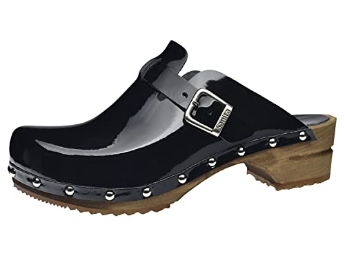 Sanita Krisla offener Clog | Original handgemacht | Leder-Holzclogs für Damen | Nachhaltige Sohle | Schwarz | 38 EU von Sanita