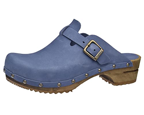 Sanita Kristel offener Clog | Original handgemacht | Leder-Holzclogs für Damen | Nachhaltige Sohle | Taube blau | 39 EU von Sanita