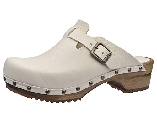 Sanita Kristel offener Clog | Original handgemacht | Leder-Holzclogs für Damen | Weiss | EU 38 von Sanita