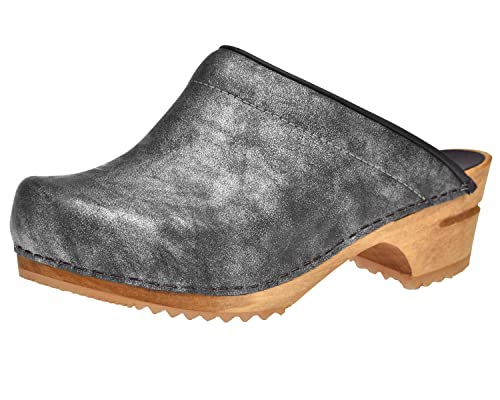 Sanita Laerke | Offener Clog | Original handgemacht | Leder-Holzclogs für Damen | Silber | 38 EU von Sanita