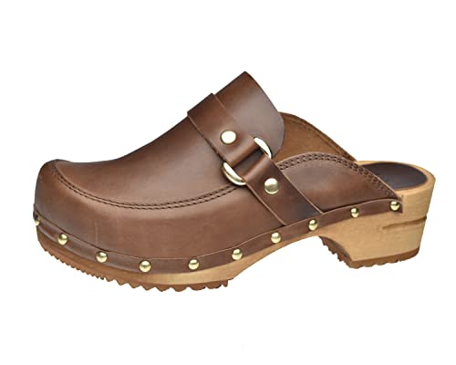 Sanita Lillen offener Clog | Original handgemacht | Leder-Holzclogs für Damen | Nachhaltige Sohle | Braun | 36 EU von Sanita