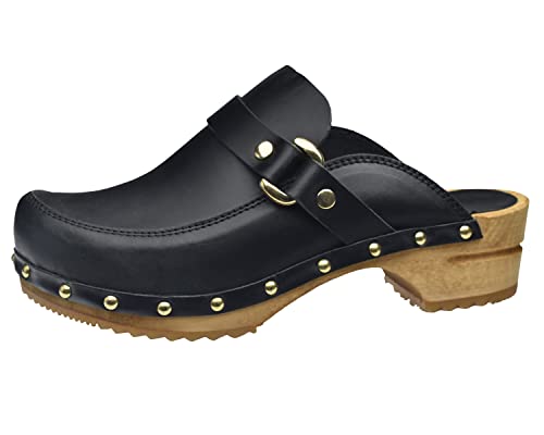 Sanita Lillen offener Clog | Original handgemacht | Leder-Holzclogs für Damen | Nachhaltige Sohle | Schwarz | 37 EU von Sanita