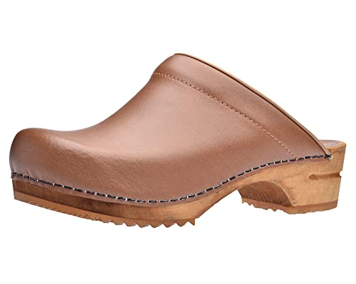 Sanita Lotte offener Clog | Original handgemacht | Leder-Holzclogs für Damen | Cognac | 35 von Sanita