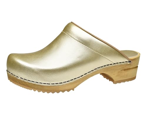 Sanita Lotte offener Clog | Original handgemacht | Leder-Holzclogs für Damen | Nachhaltige Sohle | Gold | 42 EU von Sanita