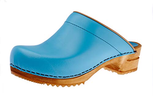 Sanita Lotte offener Clog | Original handgemacht | Leder-Holzclogs für Damen | Türkis | 38 EU von Sanita