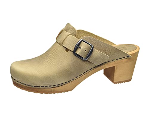 Sanita Malulo Clog | Original handgemacht | Leder-Holzclogs für Damen | Verstellbarer Riemen | Hellbraun | 38 EU von Sanita