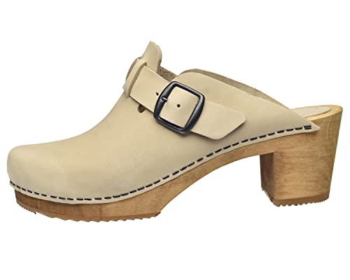 Sanita Malulo Clog | Original handgemacht | Leder-Holzclogs für Damen | Verstellbarer Riemen | Nachhaltiges Leder | Beige | 37 EU von Sanita