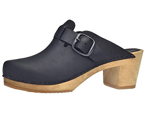 Sanita Malulo Clog | Original handgemacht | Leder-Holzclogs für Damen | Verstellbarer Riemen | Schwarz | 39 EU von Sanita