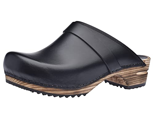 Sanita Rikke offener Clog | Original handgemacht | Leder-Holzclogs für Damen | Schwarz | 36 EU von Sanita