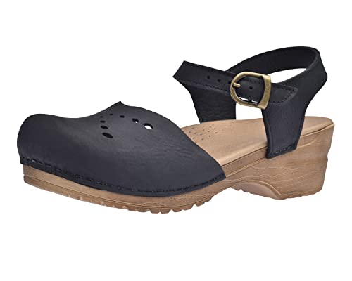 Sanita Sella Leder Sandale | Original handgemacht für Damen | Anatomisch geformtes Fußbett mit weichem Schaum | Verstellbarer Knöchelriemen | Schwarz | 38 EU von Sanita