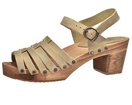 Sanita Silo Sandale | Original handgemacht | Leder-Holzsandale für Damen | Verstellbarer Knöchelriemen | 39 EU | Hellbraun von Sanita