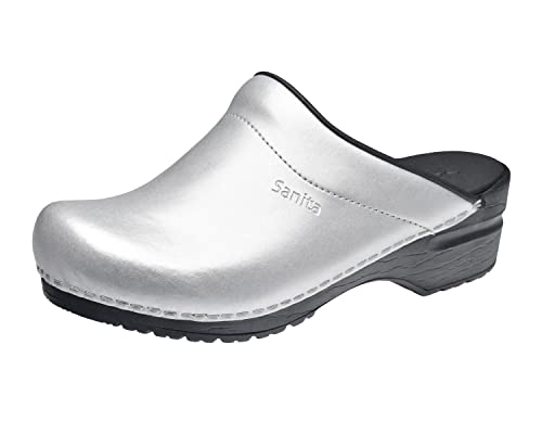 Sanita | Sonja PU offener Clog | Original handgemacht | Flexible Leder-Clogs für Damen | Anatomisch geformtes Fußbett mit weichem Schaum | Silber | 36 von Sanita