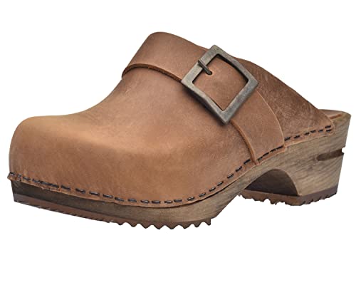 Sanita Urban Offener Clog | Original handgemacht | Leder-Holzclogs für Damen | Braun | EU 36 von Sanita