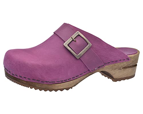 Sanita Urban Offener Clog | Original handgemacht | Leder-Holzclogs für Damen | Dunkelpink | EU 42 von Sanita