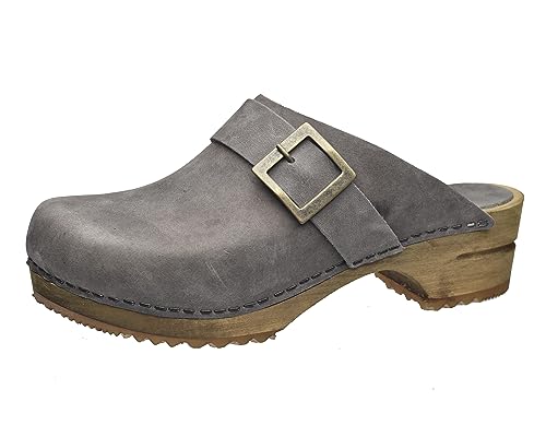 Sanita Urban Offener Clog | Original handgemacht | Leder-Holzclogs für Damen | Nachhaltige Materialen | Anthrazitgrau | 40 EU von Sanita