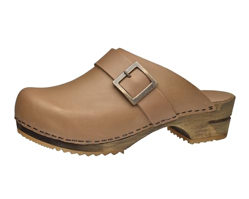 Sanita Urban Offener Clog | Original handgemacht | Leder-Holzclogs für Damen | Nachhaltige Materialen | Cognacbraun | 37 EU von Sanita