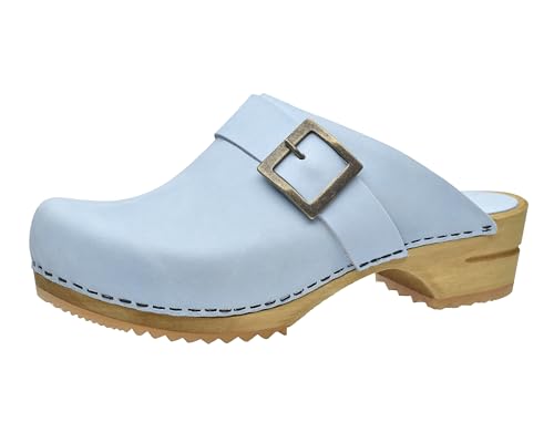 Sanita Urban Offener Clog | Original handgemacht | Leder-Holzclogs für Damen | Nachhaltige Materialen | Hellblau | 40 EU von Sanita